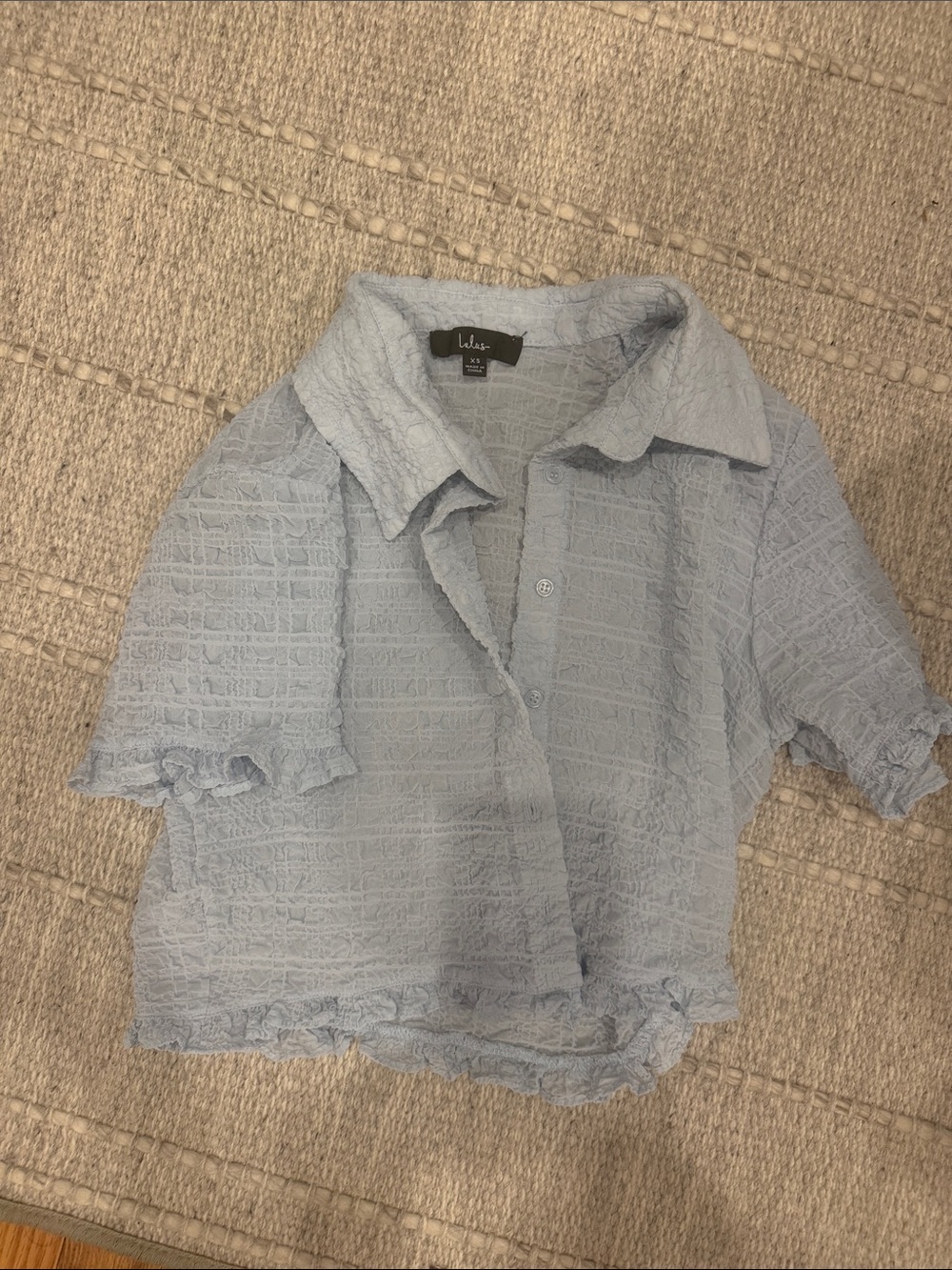 Lulu's Pale Blue Textured Cropped Button-Down Shirt